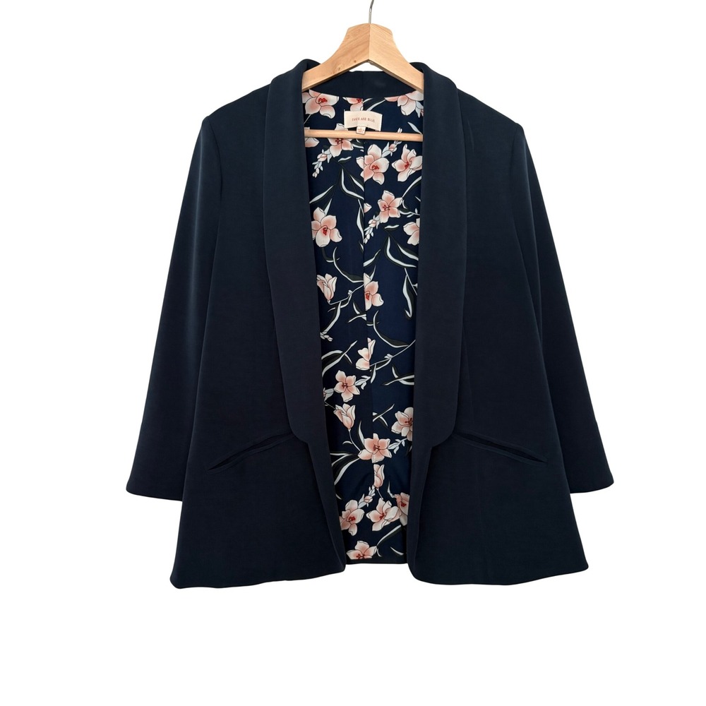 Skies Are Blue Navy Gorpcore Floral Lined Open Front Blazer Modal Blend L